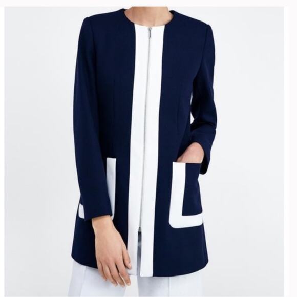 Zara Navy White Two Tone Zipper Nautical Jacket Small - Picture 8 of 13